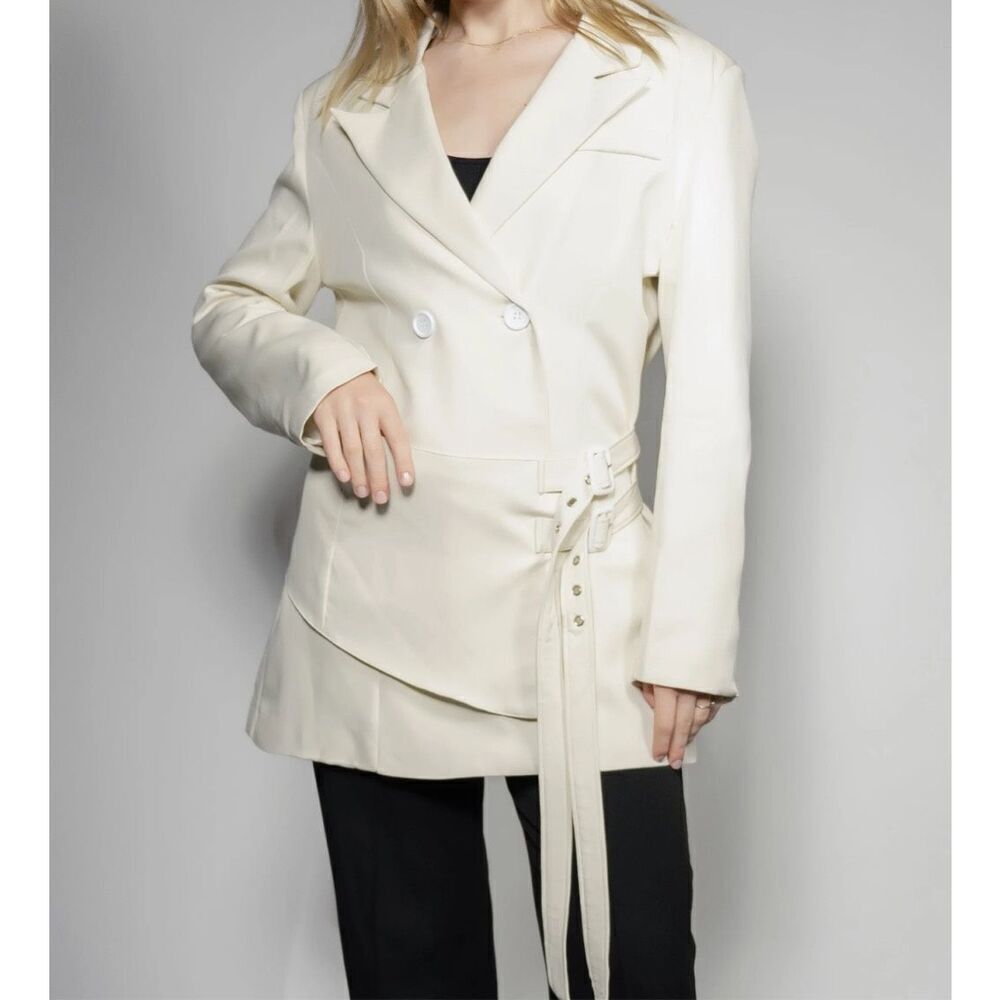 Akira Ivory Double Breasted Street Lights Belt Peak Lapel Wrap Blazer Medium